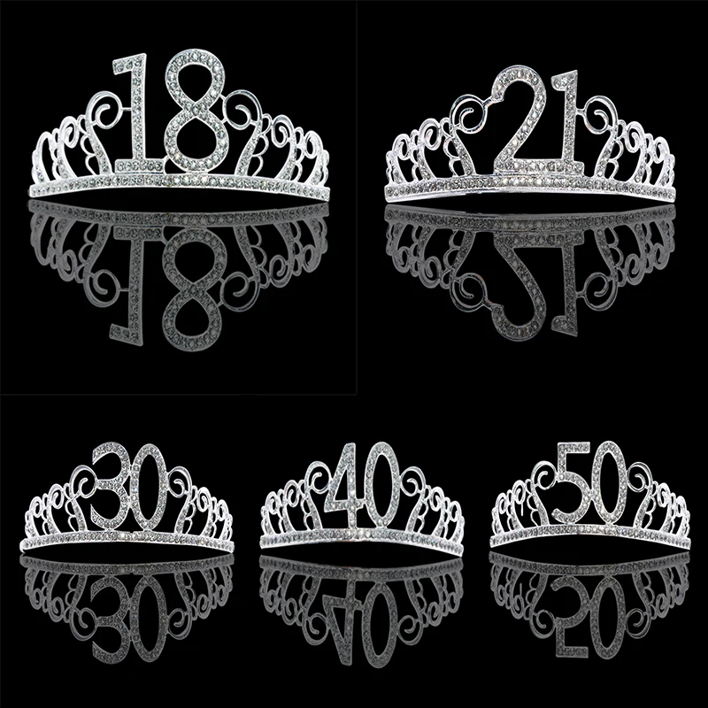 Birthday Crown 18/21/30/40/50/60 Birthday Party Decorations Adult Birthday Princess Crown Headband Crystal Tiara Women Crown Hair Accessories