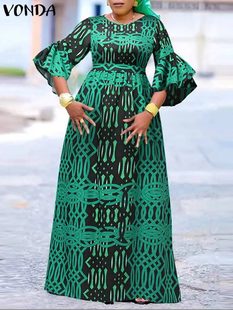 

VONDA Summer Long Dress 2023 Women Printed Bohemian Maxi Sundress Casual Loose Belted 3/4 Flare Sleeve Party Beach Vestidos Robe
