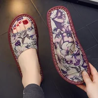 Women's Ethnic Print Linen Slippers Indoor Silent Anti Slip Sandals Summer Room Low Arch Support Rubber Sole Relax Decompress 1