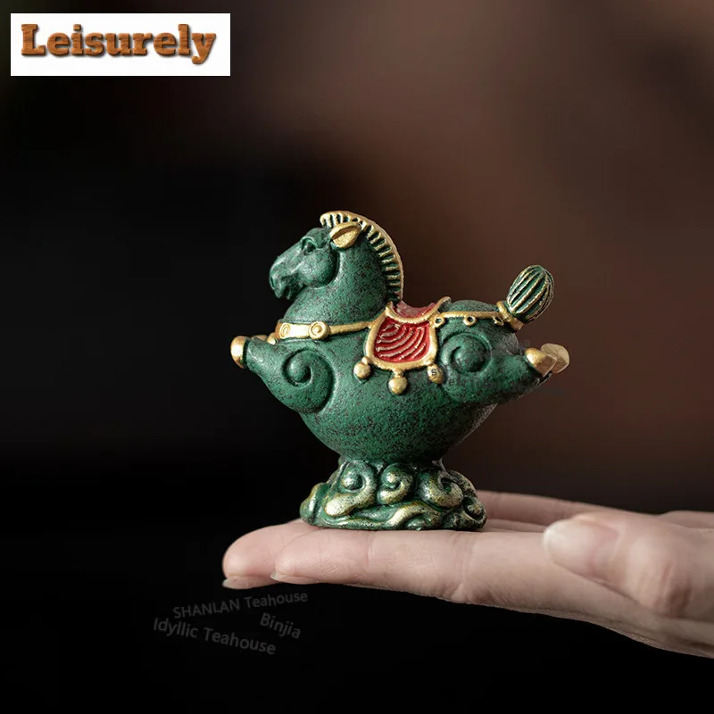 Green Sandstone Horses Flying on Clouds Tea Pet Vintage Exquisite Miniatures Tea Figurine Play Toys Tea Statue Ornaments craft