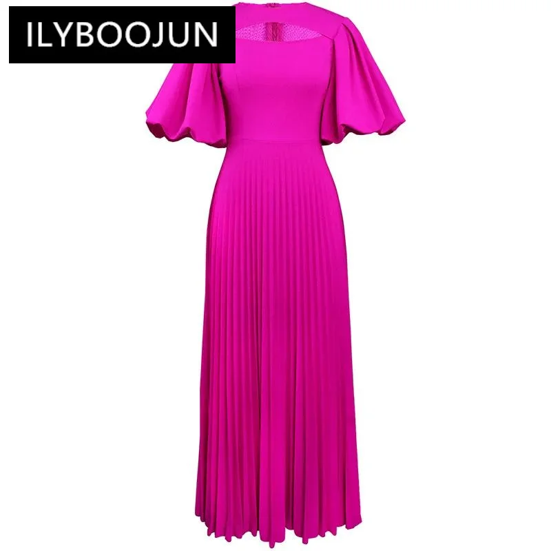 

ILYBOOJUN Fashion Women's New Round Neck Hollow Out Elegant Lantern Short-Sleeved High-Waisted Office Lady Pleated Maxi Dress