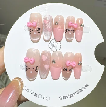 10PCS Cute Cartoon Cat Handmade False Nails Glitter Pink Cat Eye 3D Bow Heart Designs Medium Oval French Nails Wearable Press On