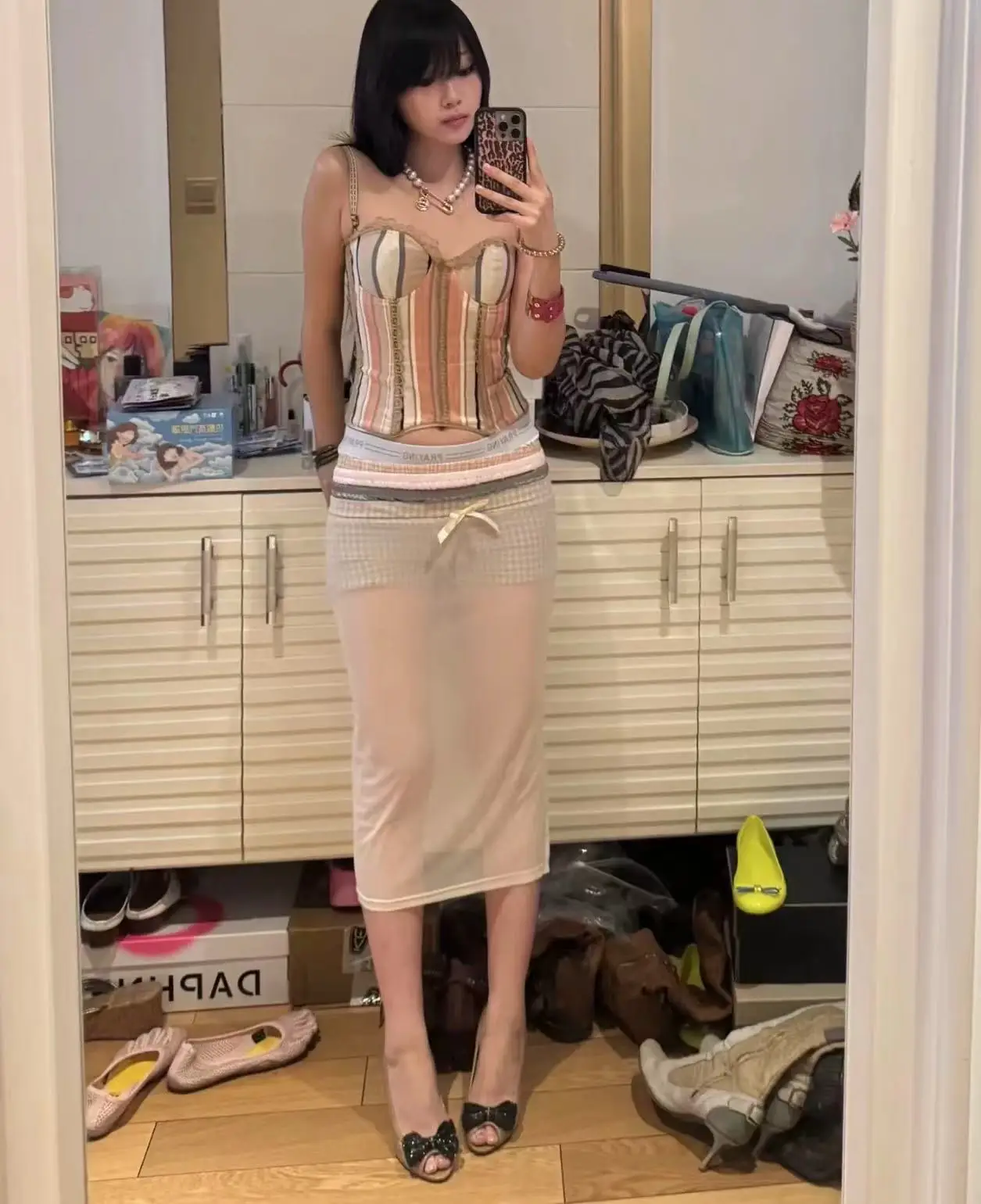 Praying Boxer sheer spliced see-through high-waist skirt