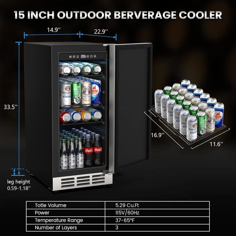 15 Inch Outdoor Beverage Fridge, Stainless Steel Beverage Cooler Under Counter Beer Fridge, Indoor/Outdoor Beverage Refrigerator 2