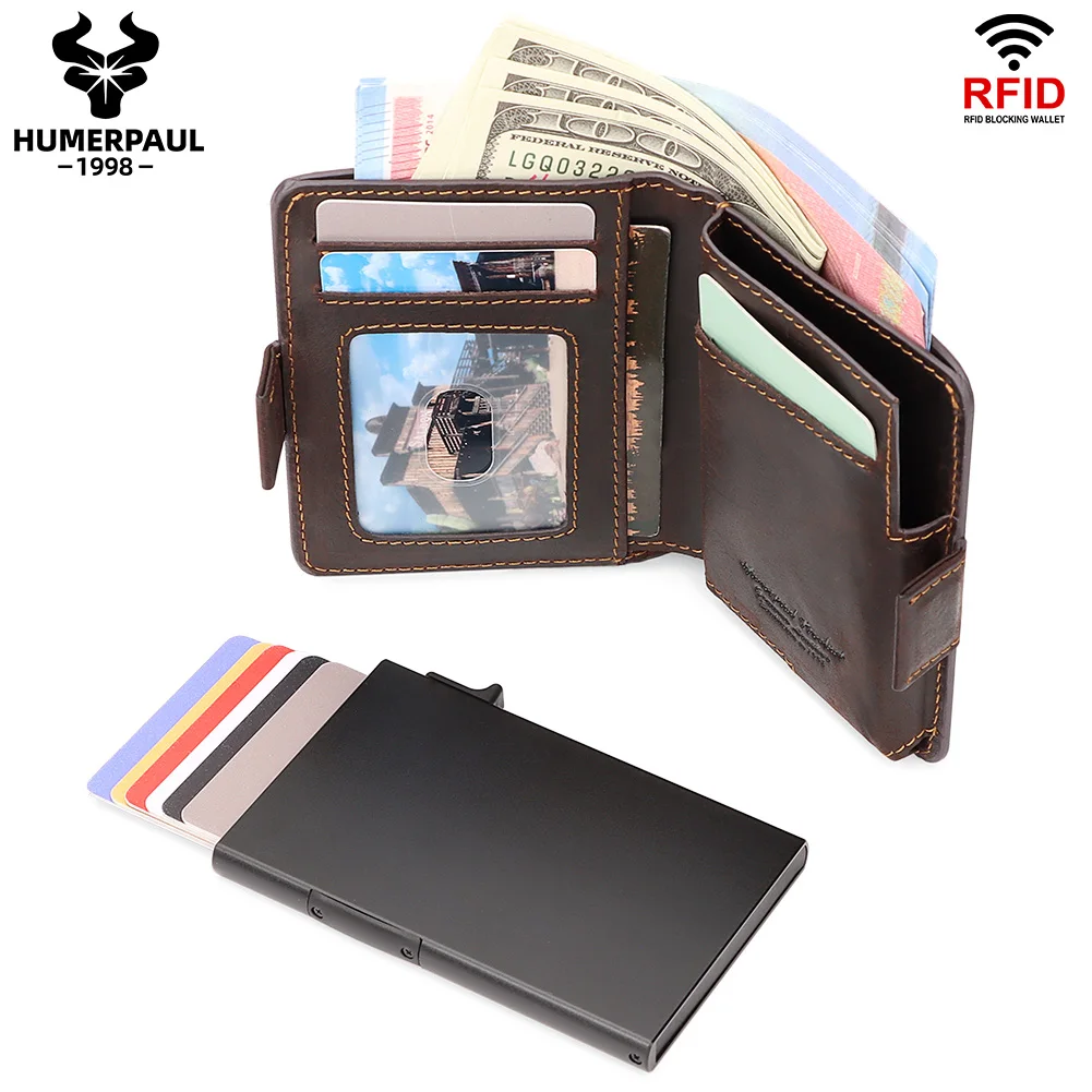 크레이지 호스 가죽 카드홀더 RFID 차단 카드 케이스, 스마트 팝업 카드 홀더 패션 남성용 지갑, 긴 도난 방지 체인