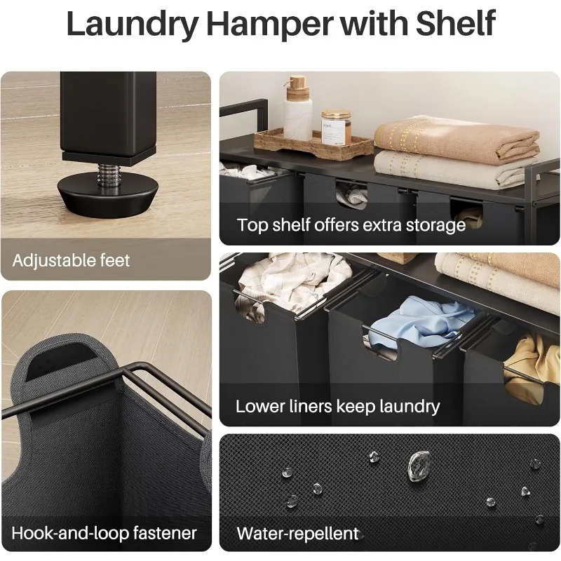Laundry Hamper with Shelf - Laundry Basket Organizer with 3 Pull-Out Removable Bags Laundry Sorter Dirty Clothes Hamper. 5