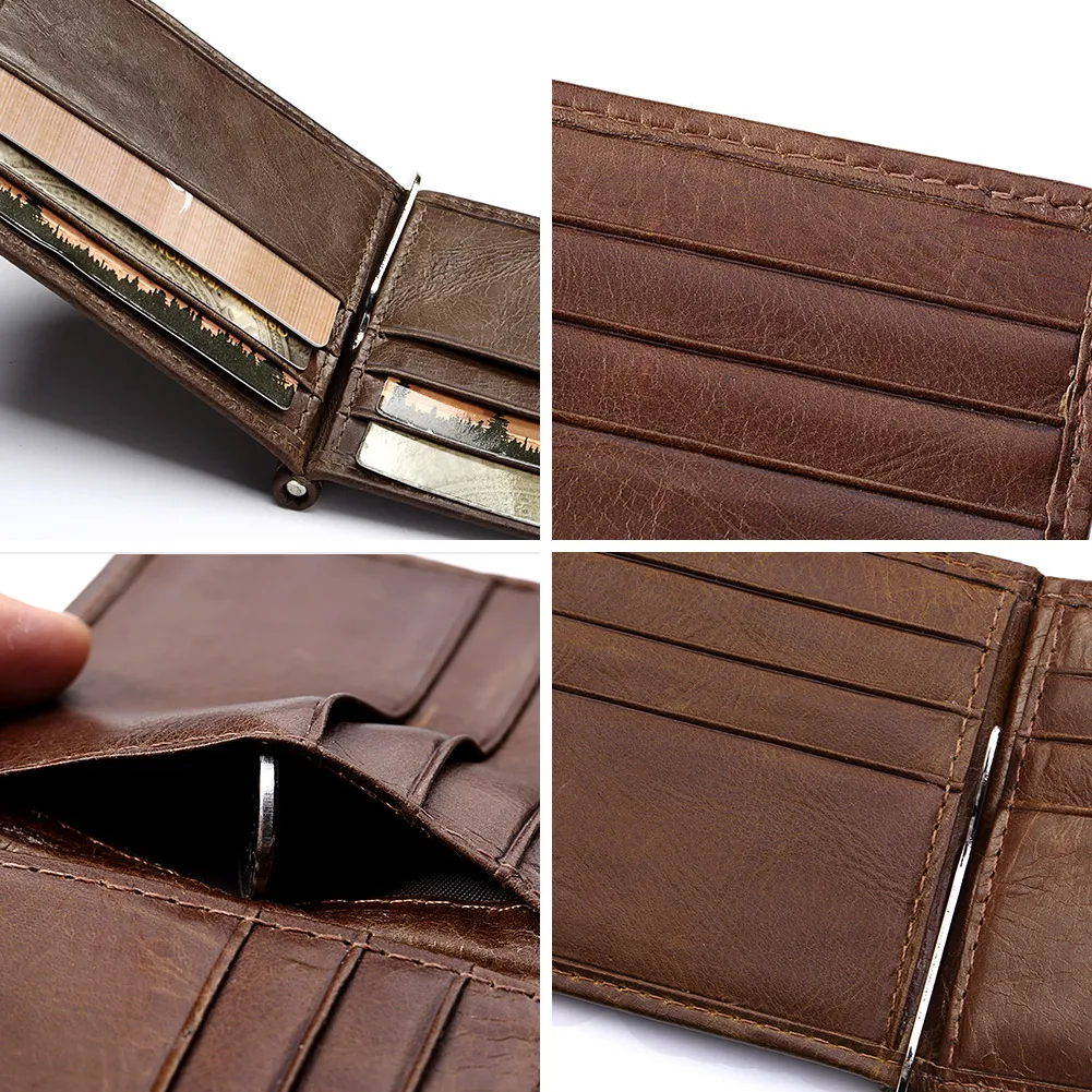Ultra-thin Men's Money Clip Wallet Vintage Genuine Leather Bifold Card Holder Purse Mini High Quality Male Money Purse Cartera 6