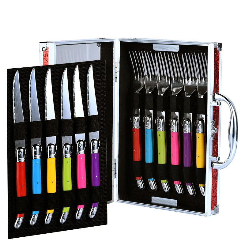 

12Pcs Laguiole Steak Knife and Fork set Colorful Plastic Handle Cutlery 6 Knives 6 Forks with Gift Box Dinnerwere Restaurant Bar