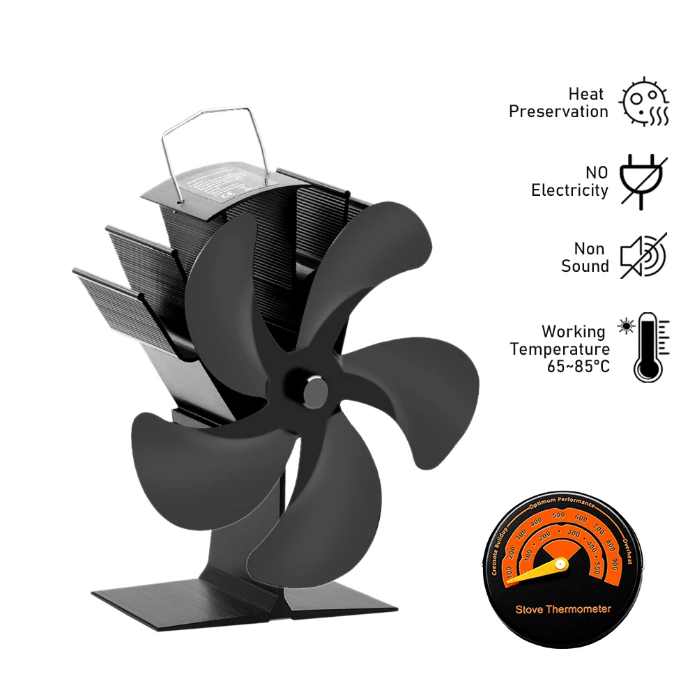 5 Blades Fireplace Fan No Electricity Required Heat Powered Stove Fan Log Wood Burner Eco Efficient Heat Distribution Burner