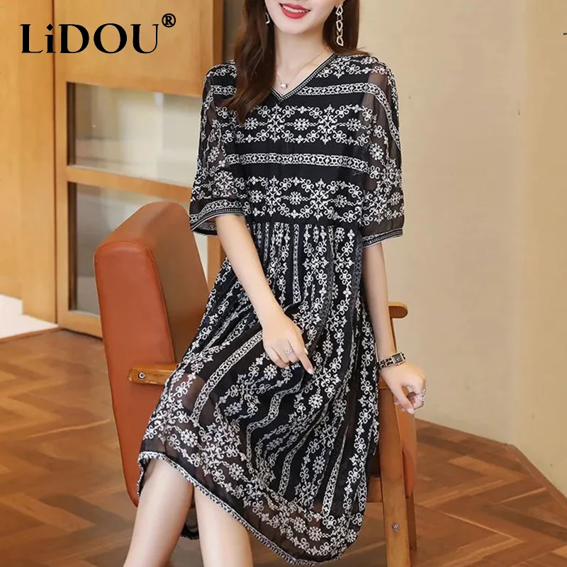 

Summer Elegant Fashion Loose Floral Dress Women Short Sleeve Print Aesthetic Casual Vestidos De Fiesta Chic Kawaii Robe Femme