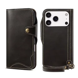 Luxurious Vintage Cowhide Leather Flip Wallet Phone Case - iPhone 17 Air (Black)