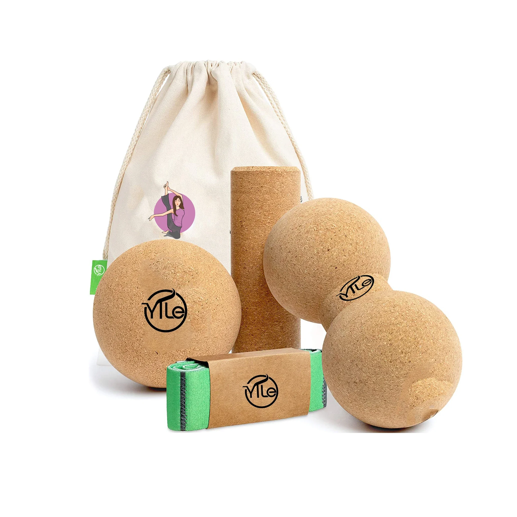 High density natural eco friendly yoga cork set roller lacrosse massage ball peanut for massage
