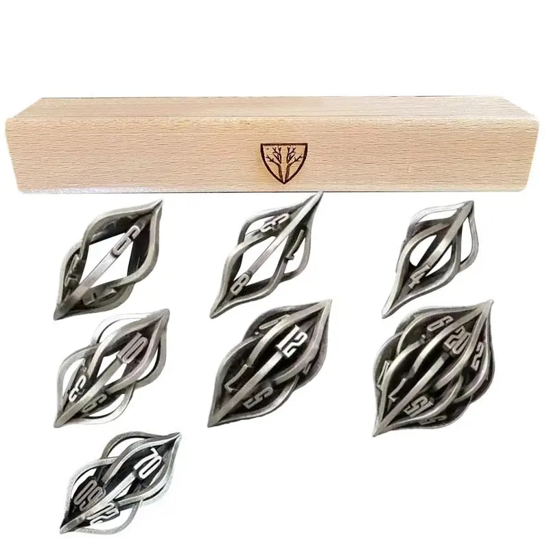 

Metal Dice Set 7 Pieces Arcanum Dice Set Mystery Dice Set With Wooden Storage Box Hollow Arcanum Dice Set Multi-sided Dice For