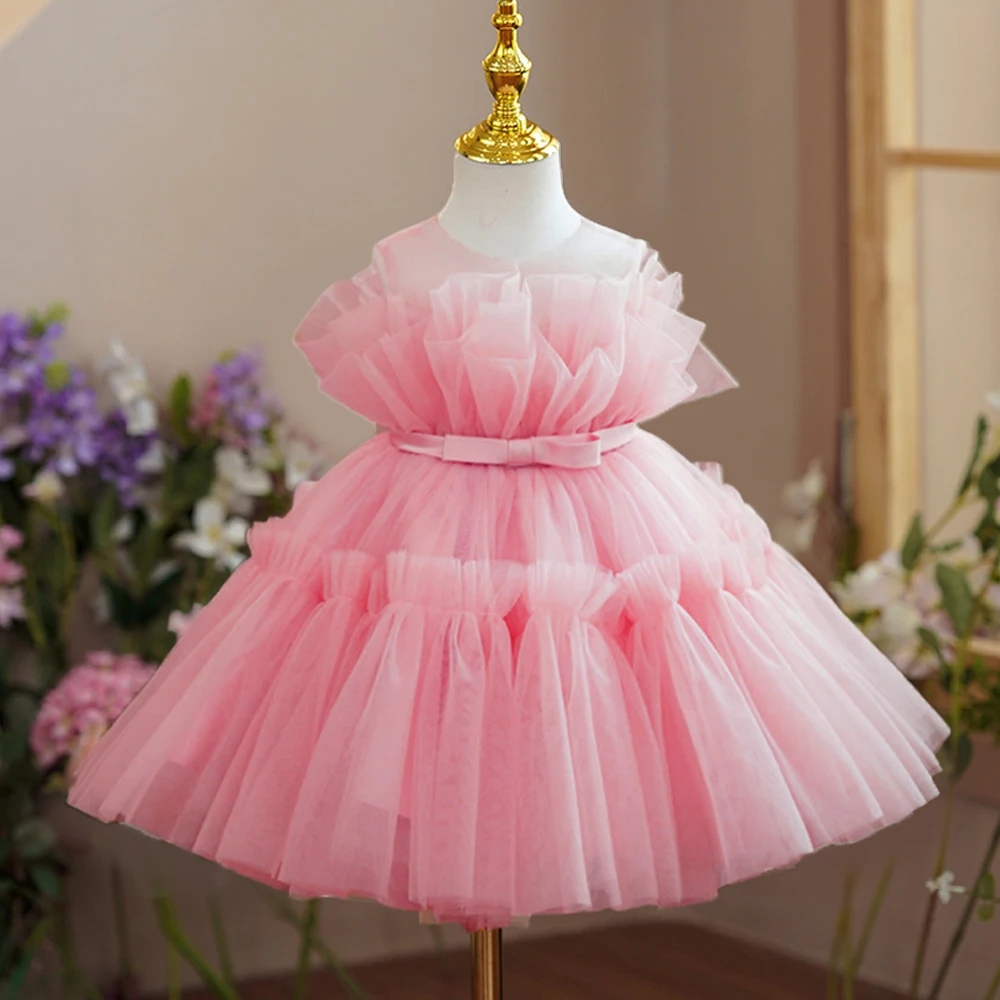 

Toddler Girls Pink 1st Birthday Tulle Dress Elegant Bow Wedding Kids Party Princess Baby Lace Dress Bridemaid Evening Prom Gown