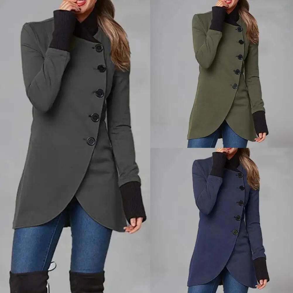 

Stylish Winter Overcoat Long Sleeve Women Coat Mid-Length Irregular Hem Split Jacket Coat Pure Color