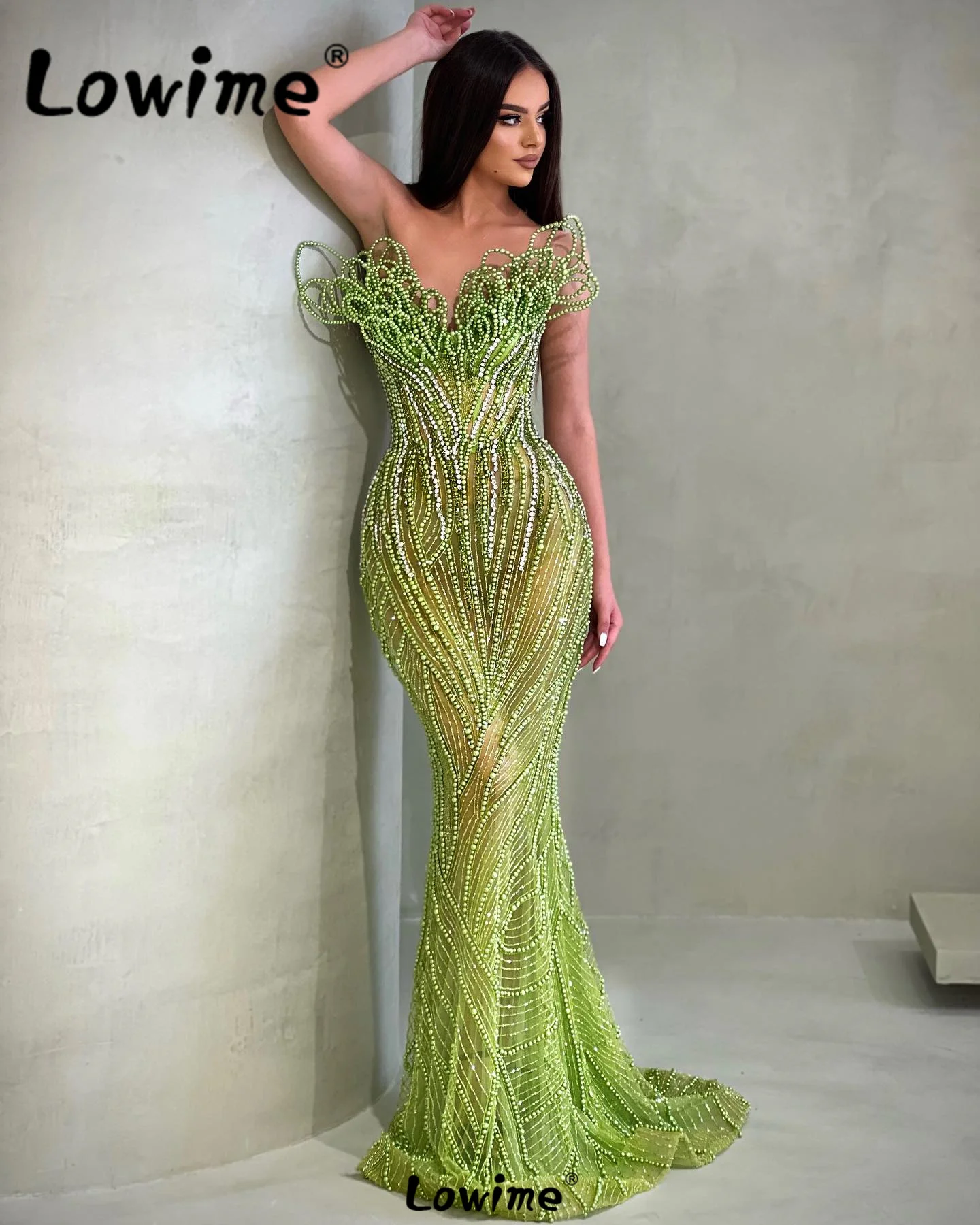 

Lowime Abendkleider Green Topic Beaded Party Dress Sweetheart Arabic Evening Dresses Mermaid Long Crystals Wedding Prom Gowns