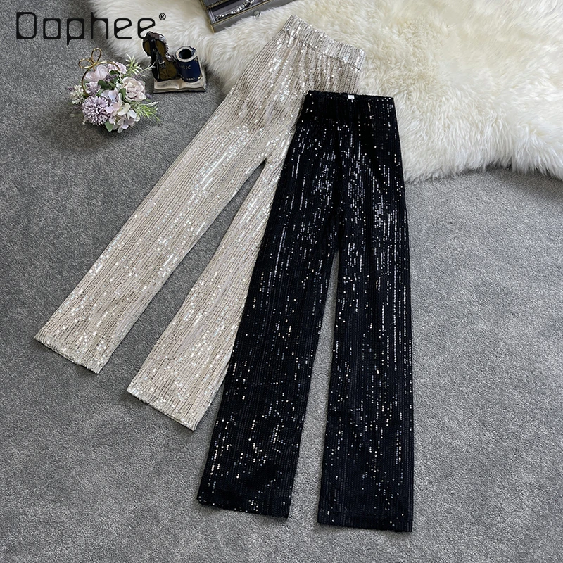 joggers Korean Style Sequin Wide Leg Black Pants Women's Clothing 2022 New Loose Slimming High Waist Trousers Fashion Spring and Autumn low rise jeans