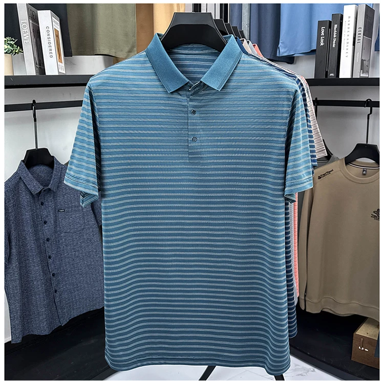 High Quality Summer Men's Business Casual Short Sleeve Comfortable Stripe Lapel Fashion Polo Short Sleeve No Trace T-shirt Top 30 Sba46381cbf4343debf3ae710d3018383F
