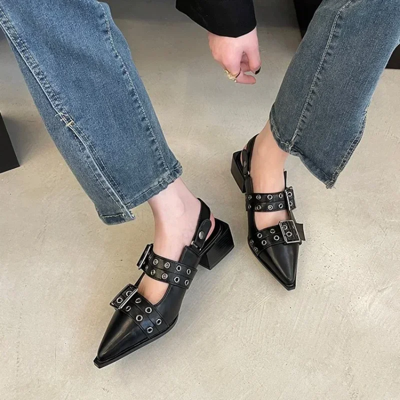 Slingback Shoes Gothic Chunky Heels Women's Pumps Rivet Street Style Medium Heel Punk Vintage Casual Sandals Spring Summer