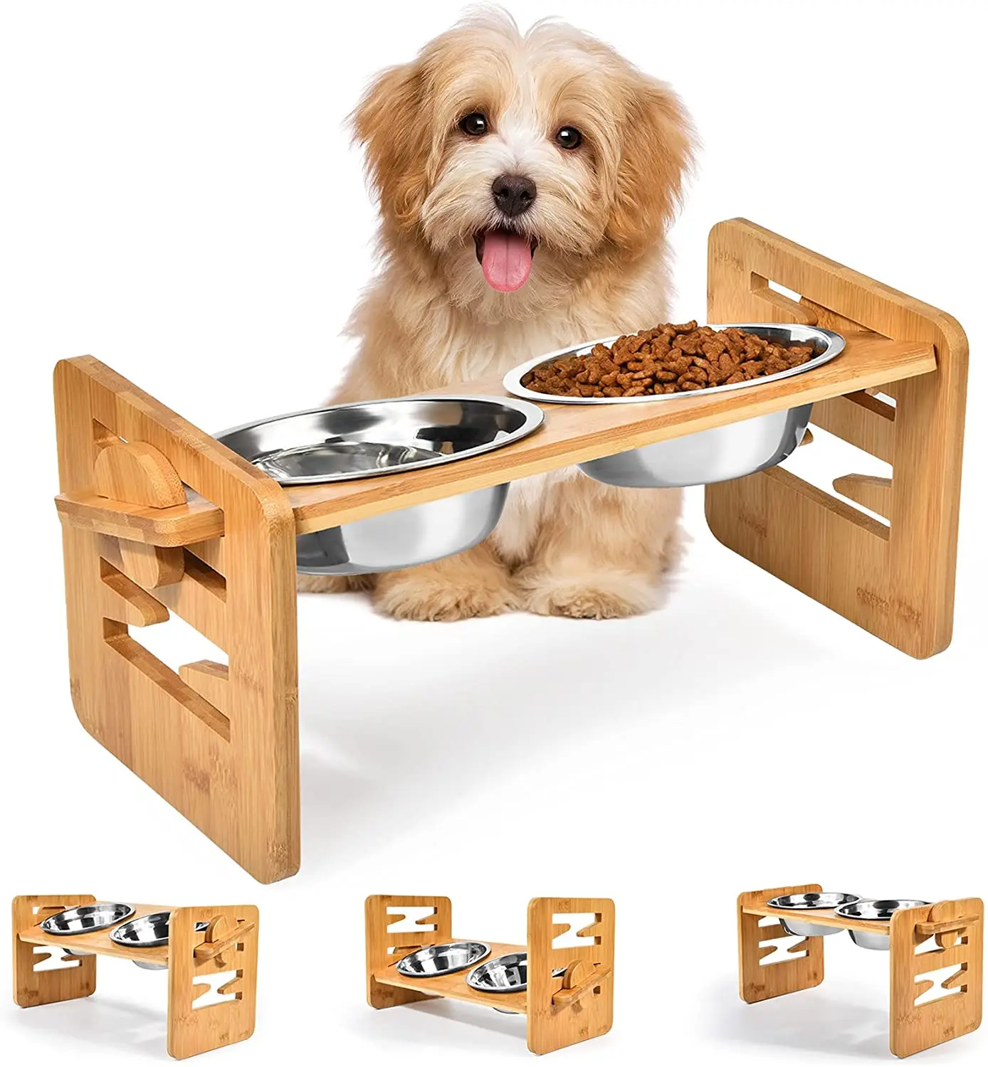 Bamboo Elevated Dog Bowls with Stand Adjustable Raised Puppy Cat Food