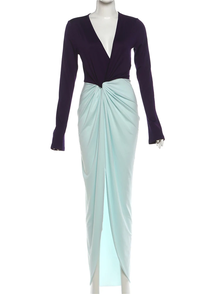 Nibber Fashion Contrast Color Patchwork Long Dress Woman Deep V-Neck Flared Sleeve Ruched Hem Street Elegant Skinny Vestidos