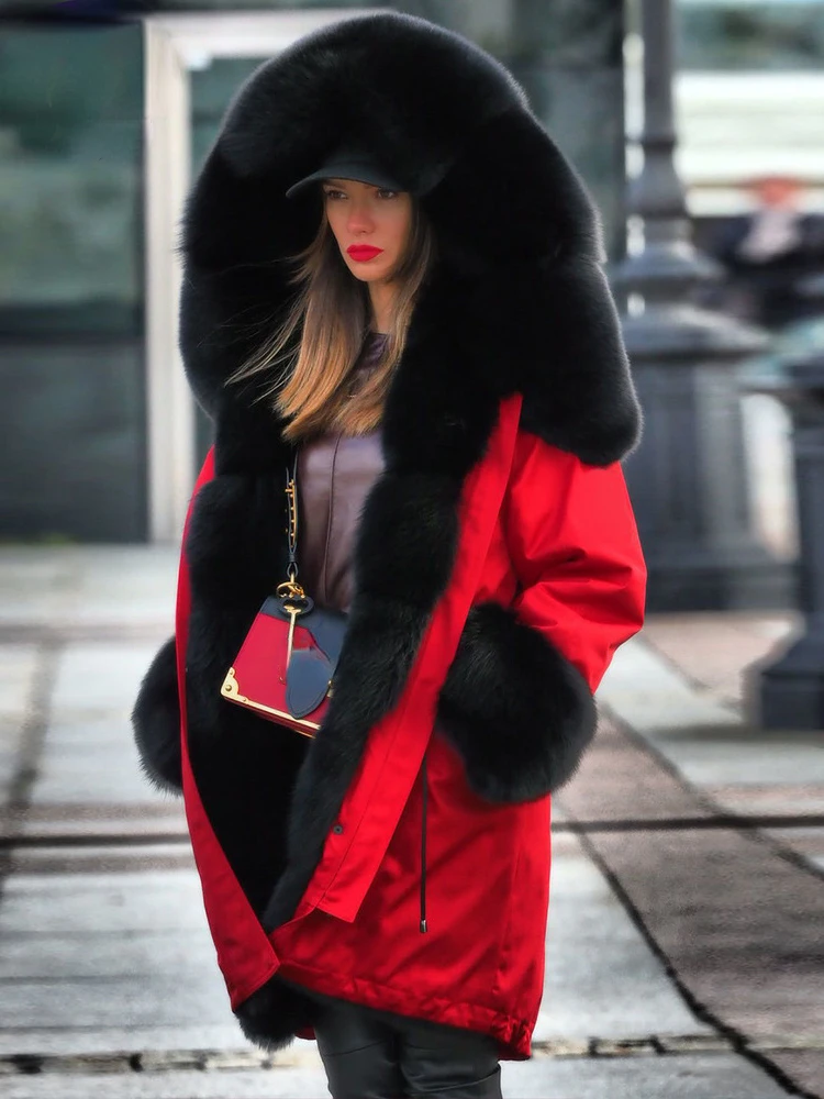 

Faux Fur Coat Women 2023 Winter New in Color Block Hooded Fur Collar Long Coats Fashion Casual Loose Faux Mink Down Warm Coats
