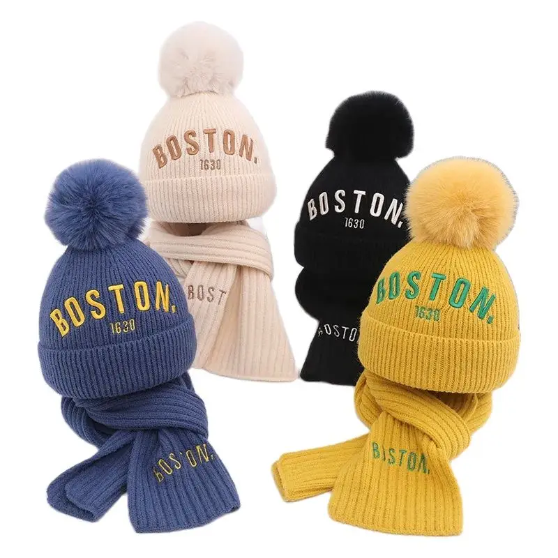 Doitbest baby kids beanie sets boston letters big fur ball 2 Pcs boys girls winter villus hat scarf set for 3 to 8 years