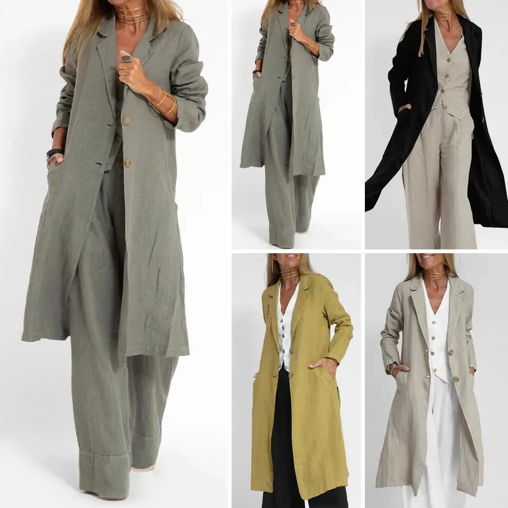 

Women Long Coat Stylish Lapel Cardigan for Women Mid Length Spring Fall Coat with Double Buttons Long Sleeve Solid Color Jacket