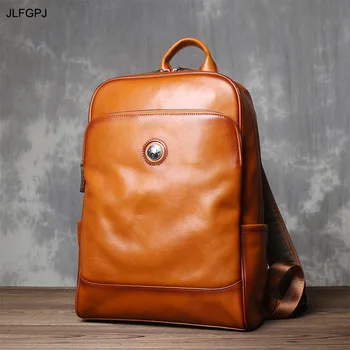Zaino a spalla in pelle di vacchetta conciata al vegetale Strato di testa da uomo in pelle bovina Borsa per computer multifunzionale casual vintage di grande capacità 1