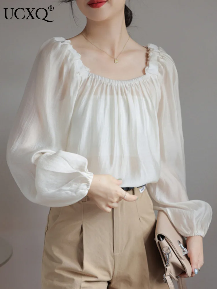 

Милая рубашка UCXQ с квадратным вырезом и длинными рукавами в складку Новая модная плиссированная шифоновая блузка с рукавами-фонариками Топ 2024 весна осень 23A7380