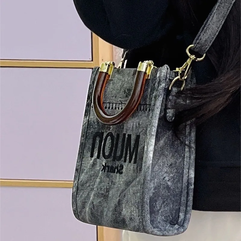 Fashion Embroidered Letter Handbag Women Denim Stitching Large Capacity Shoulder Bag Ladies Trendy Versatile Crossbody Bag 2025