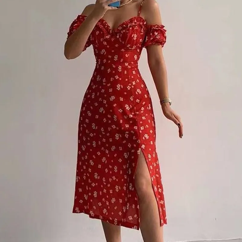 Women's Sexy Split Party Dress Sweet V-neck Ruffles Short Sleeve Spaghetti Strap Elegant Summer Floral Long Dress 21764