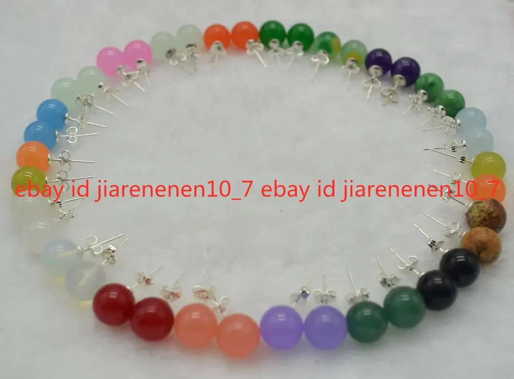 

20Pair 20Color 10mm Round Natural Multicolor Jade Women 925 Silver Stud Earring