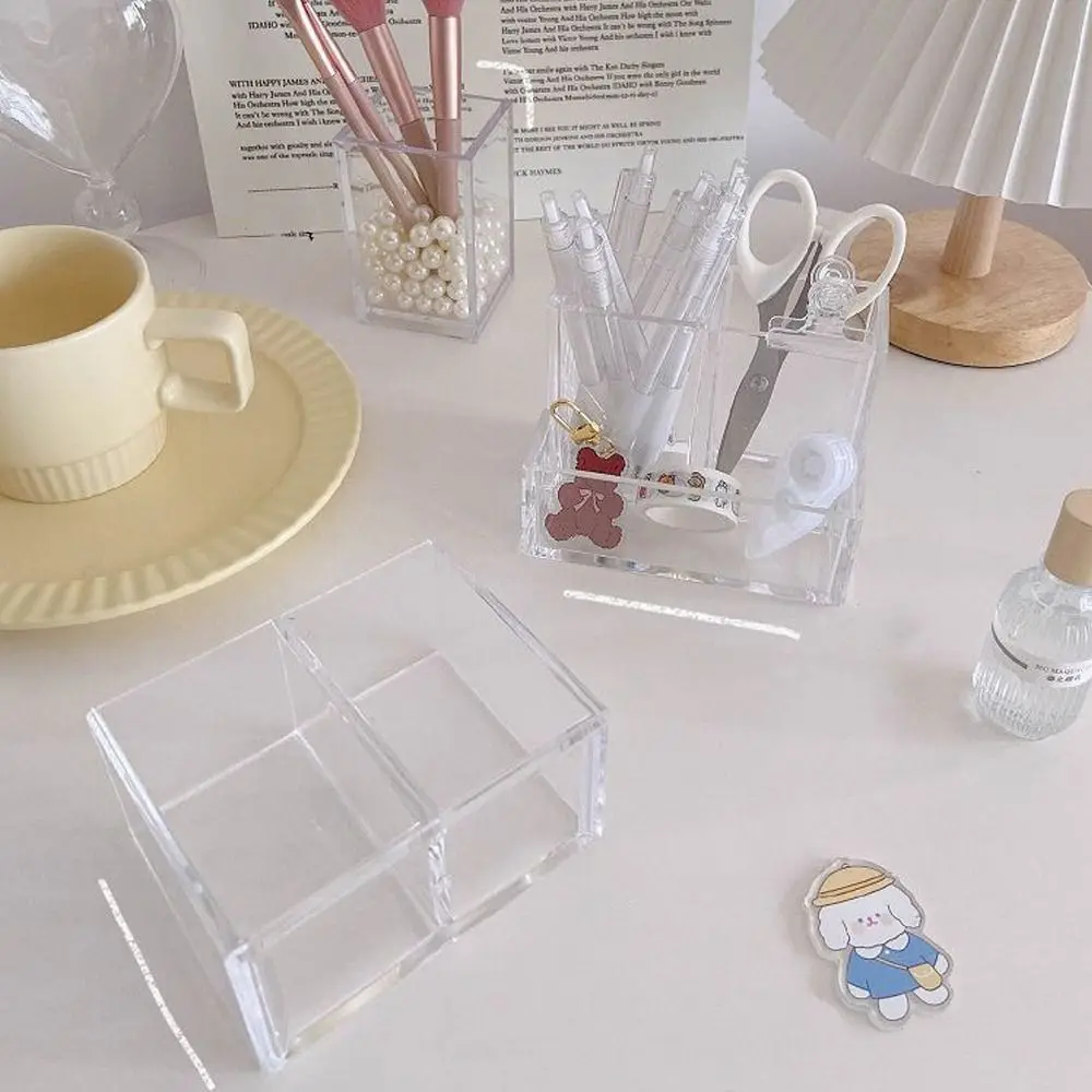 Transparent Acrylic Pen Holder Square Stationery Storage Rack Three Grid Large Capacity Desktop Organizer Office pen holder,desk organizer,pen and brush holder,desk storage rack