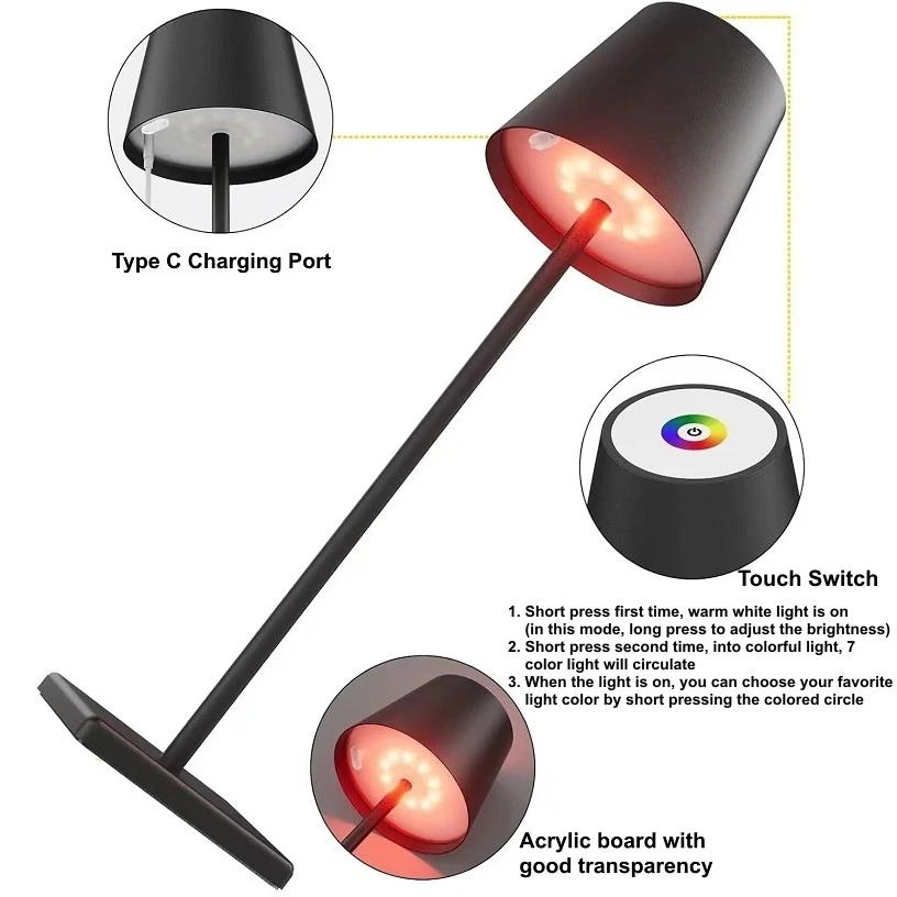 무선 USB 충전식 테이블 라이트 터치 스위치 데스크 램프, 침대 옆 호텔 레스토랑 바 클럽 카페 분위기 야간 장식