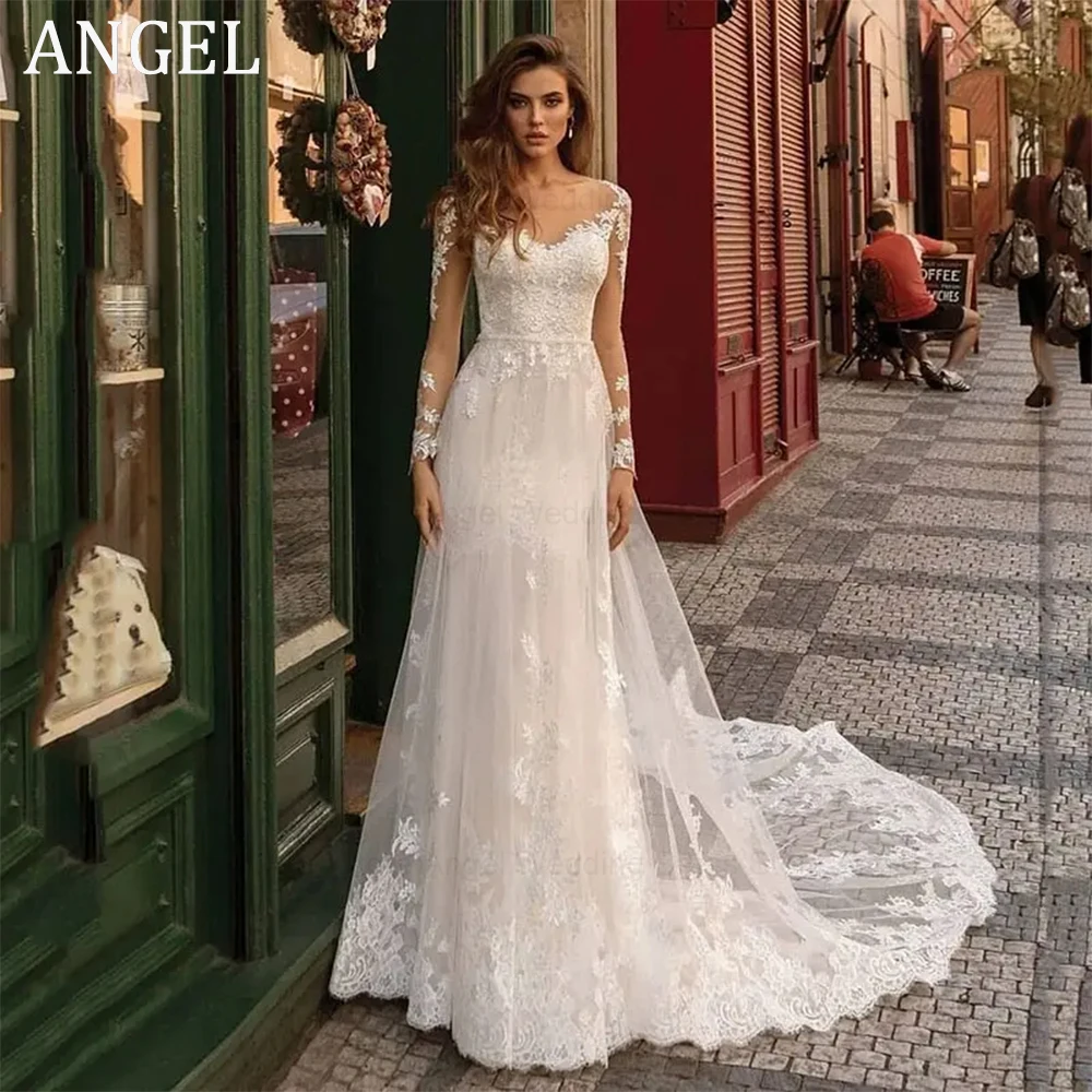 Женское свадебное платье с длинным рукавом ANGEL, ТРАПЕЦИЕВИДНОЕ ПЛАТЬЕ цвета шампанского с круглым вырезом, с аппликацией