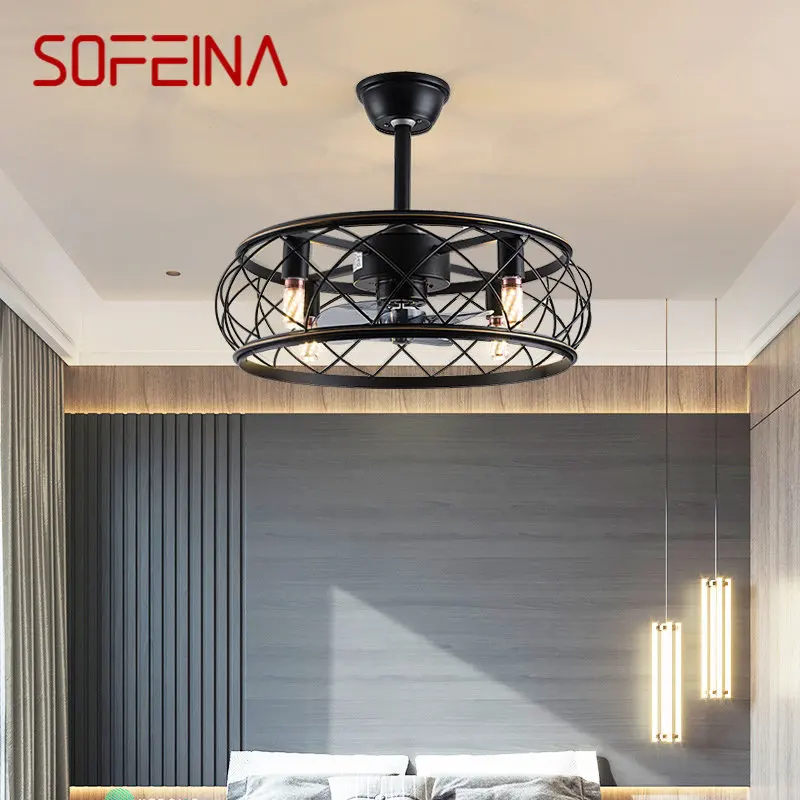 

SOFEINA American Style Ceiling Fan Lamp Classical Black Retro LED With Light Remote Control For Home Dining Room Bedroom Decor