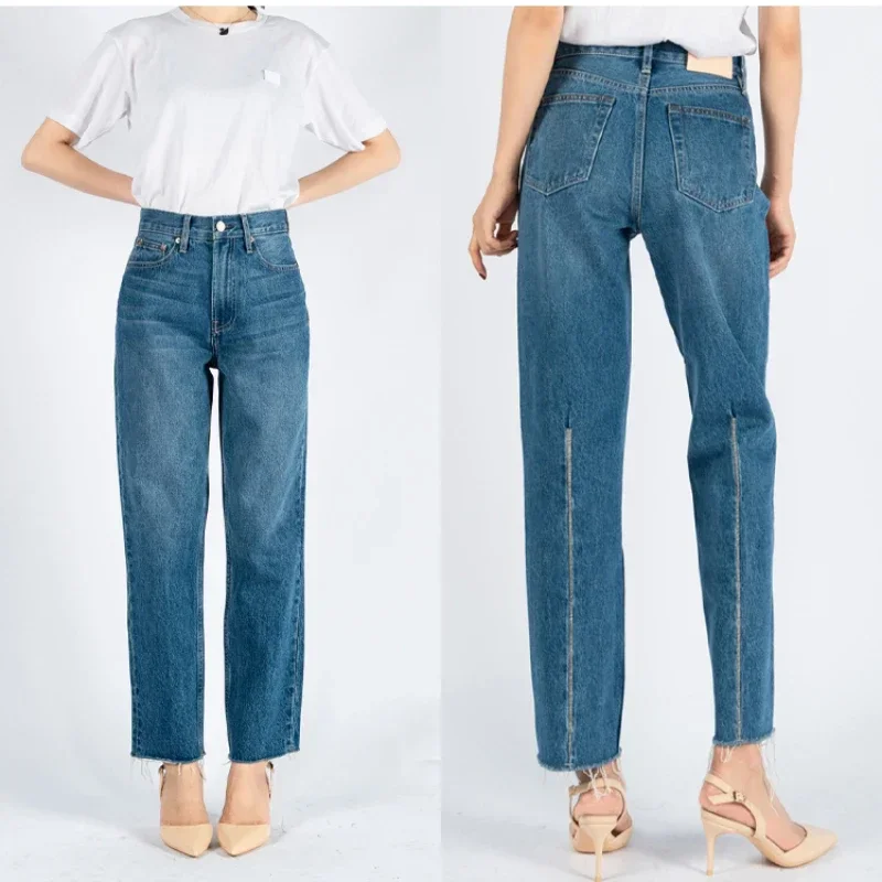

Spring/Summer Women Jeans Pants High Waist Retro Washed Blue Straight Calf Top Line Decorated Nine-point Jeans