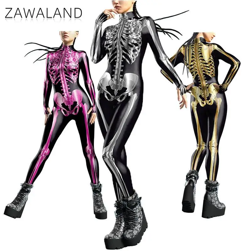 

Zawaland Adult Women Jumpsuit Skeleton Printed Clothing Performance Human Skull Halloween Cosplay Costumes Party Bodysuit
