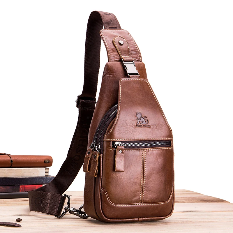 Men's Genuine Leather Chest Bag, Cowhide Front Bag, Retro Shoulder Bag, Large Capacity Leather Bag
