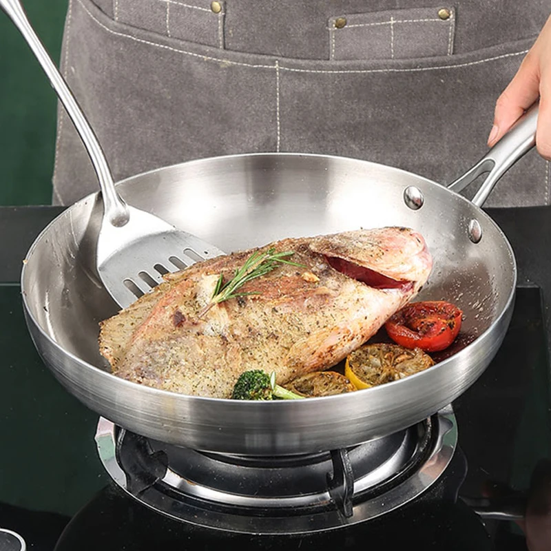 

304 stainless steel three layer steel frying pan Stainless steel frying pan, Non-stick surface, uncoated for Induction cooking