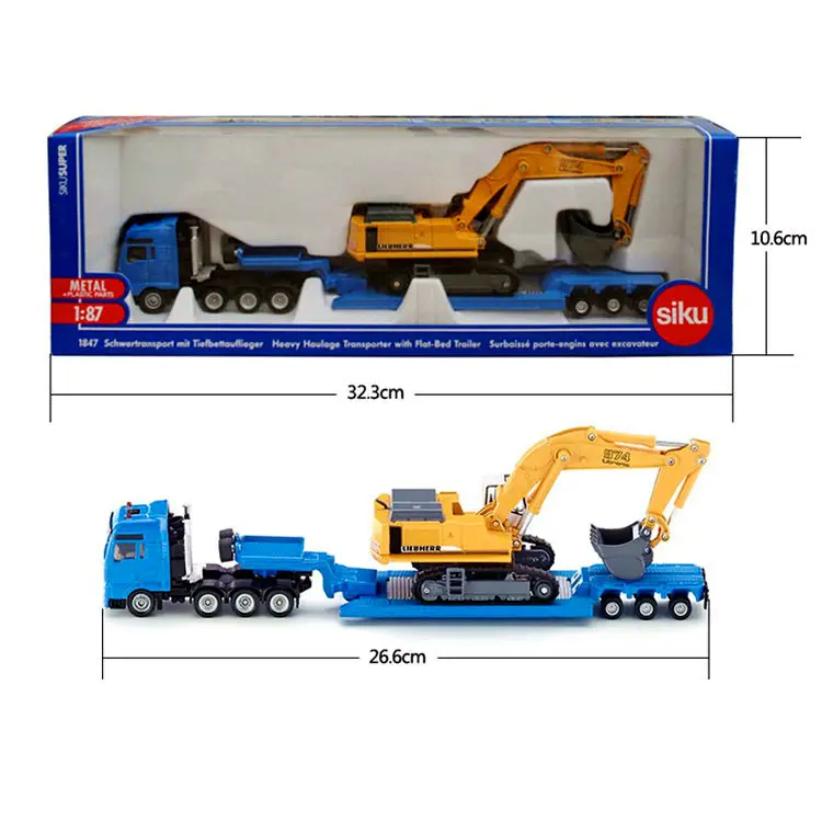 diecast-1-87-scale-siku-1847-flatbed-trailer-excavator-engineering-alloy-car-toys-collection-souvenir-display