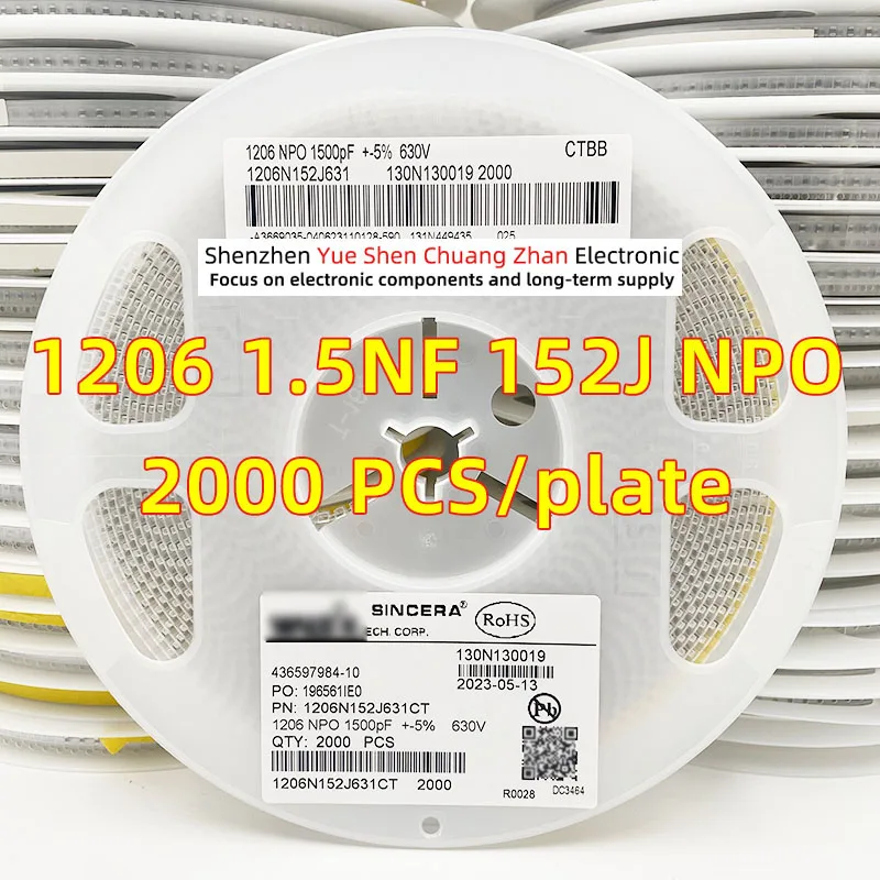 Patch Capacitor 1206 1.5NF 152J 100V 250V 500V 630V Error 5% Material NPO/COG Genuine capacitor（Whole Disk 2000 PCS）
