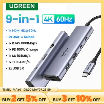 UGREEN 맥북 에어 프로 아이패드 프로 M2 M1 PC 액세서리용 USB 3.0 허브, C타입-HDMI 2.0, RJ45 PD 100W 어댑터, 4K 60Hz