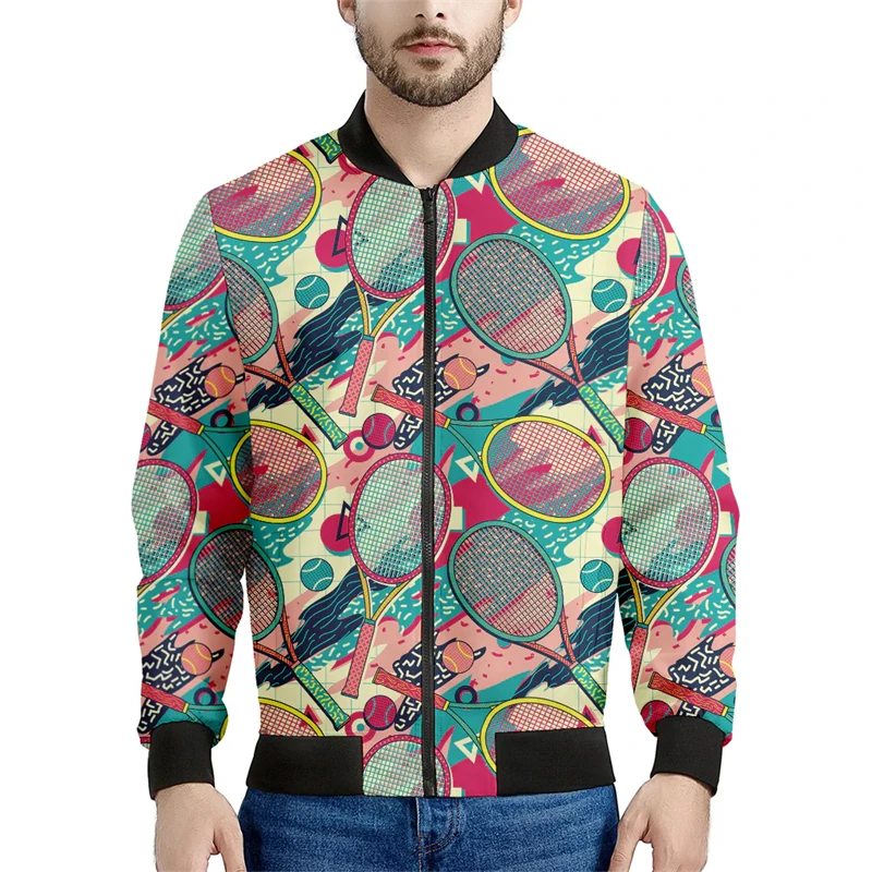 thumbnail image 1 of Chaquetas con gráficos de pelota de tenis de moda para hombre, chaqueta bomber deportiva para exteriores de manga larga para primavera y otoño, abrigos sencillos e informales holgados, 1 of 4