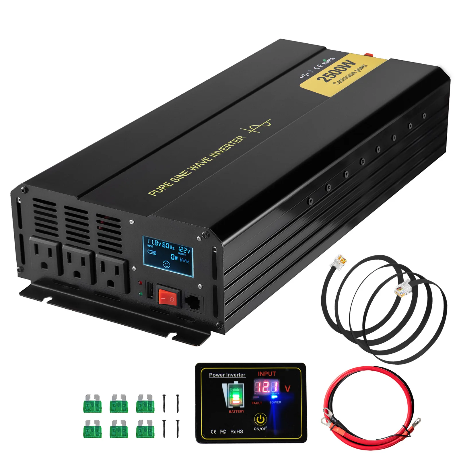 SucceBuy Pure Sine Wave Power Inverter 12V DC to 120V AC Aluminum Alloy LCD Screen & LED Indicators Powering Laptop Fan Grinder 1