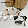 Comemore 2023 Summer New Fashion Satin Pumps High Heel Sandals Bow Buckle Pointed Toe Thick Heel Women's Shoes High Heels Women 1