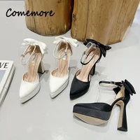 Comemore 2023 Summer New Fashion Satin Pumps High Heel Sandals Bow Buckle Pointed Toe Thick Heel Women's Shoes High Heels Women 1