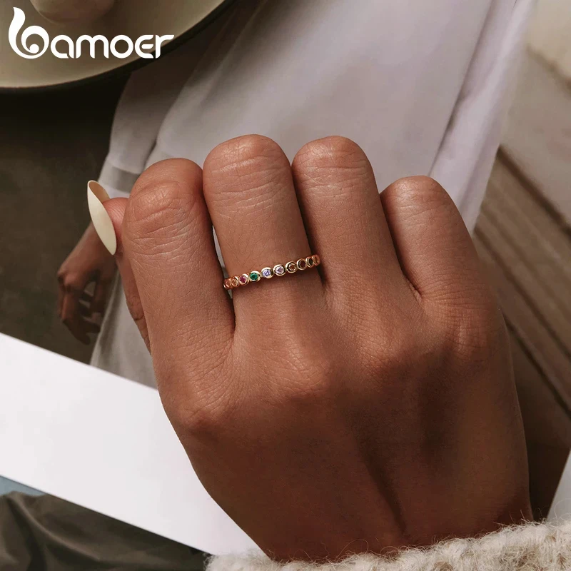 Silver Rings 925 Sterling Silver Rainbow Full Zircons for Women Trendy Dazzling Stackable Bezel Finger Ring Jewelry Gift