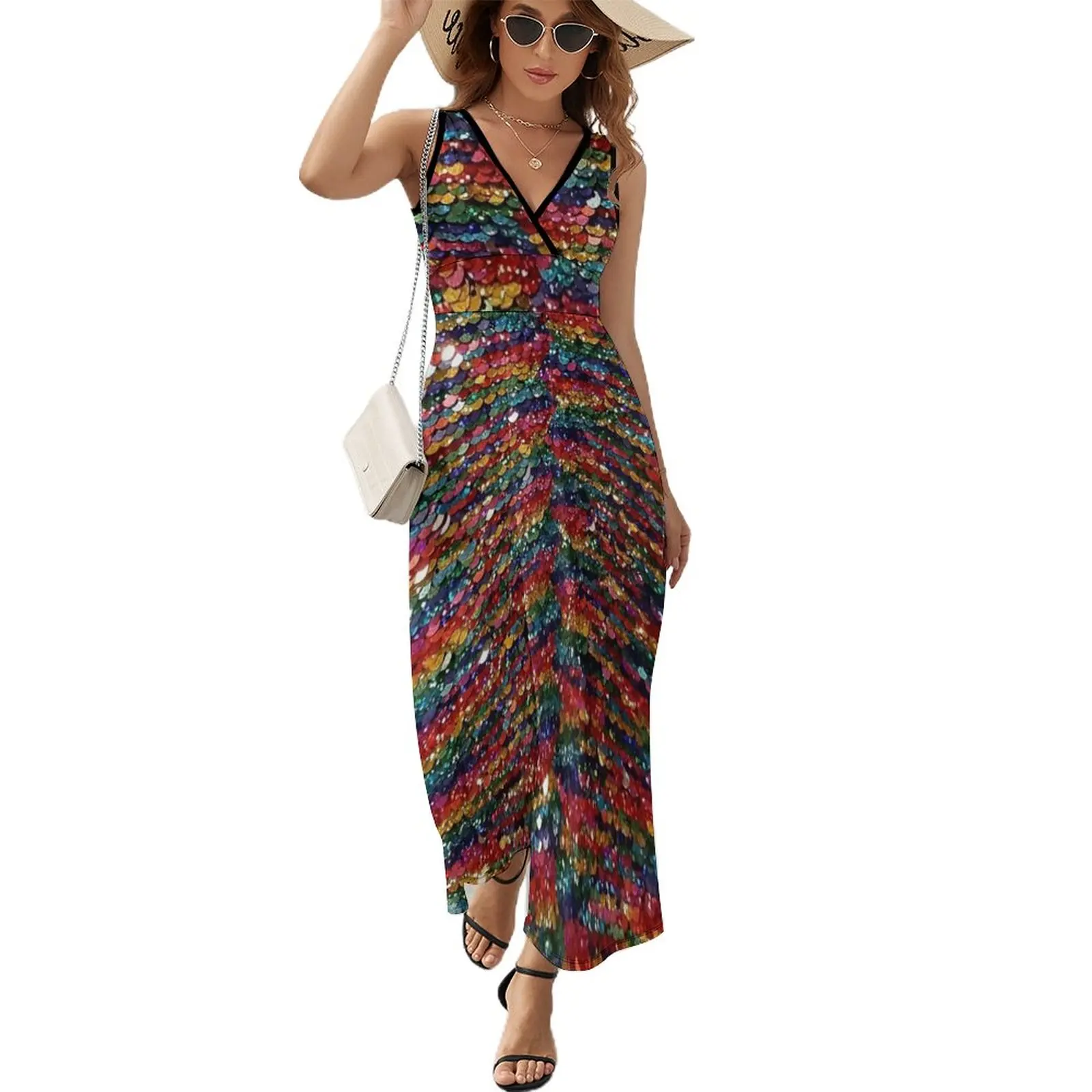 

Rainbow Sequins Sparkle Vibrant Rainbow Sleeveless Dress evening dresses women Women long dress